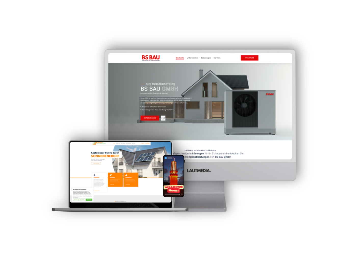 Modernes WordPress-Webdesign für Handwerksbetriebe in Moers – responsives Webseiten-Mockup der BS Bau GmbH, gestaltet von LAUTMEDIA Webagentur für Webdesign und SEO.