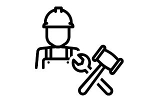 Ein schwarz-weißes Symbol eines Mannes, Handwerkers mit Helm und Hammer.