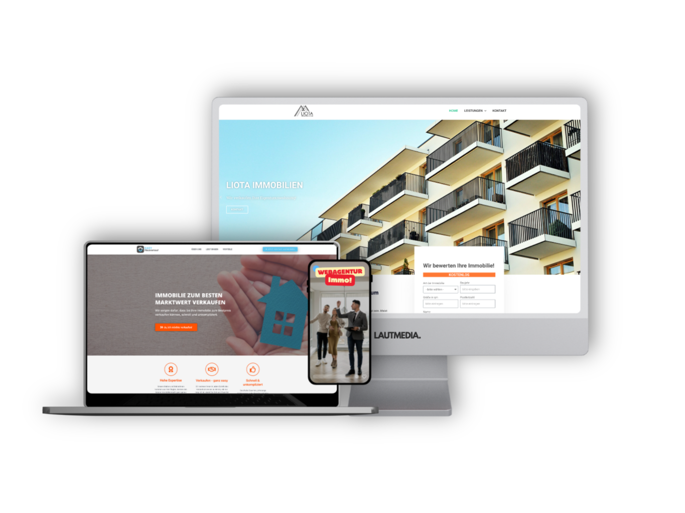 Moderne Makler-Homepage für Immobilienunternehmen – Webdesign auf Desktop, Laptop und Smartphone, erstellt von LAUTMEDIA.