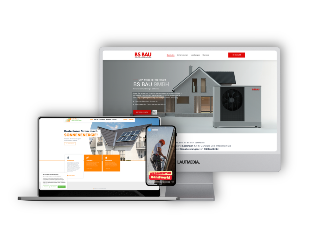 Mockup einer Website für einen Solartechnikbetrieb mit responsiver Darstellung auf Laptop und Smartphone – erstellt von LAUTMEDIA, der Webagentur für das Handwerk.
