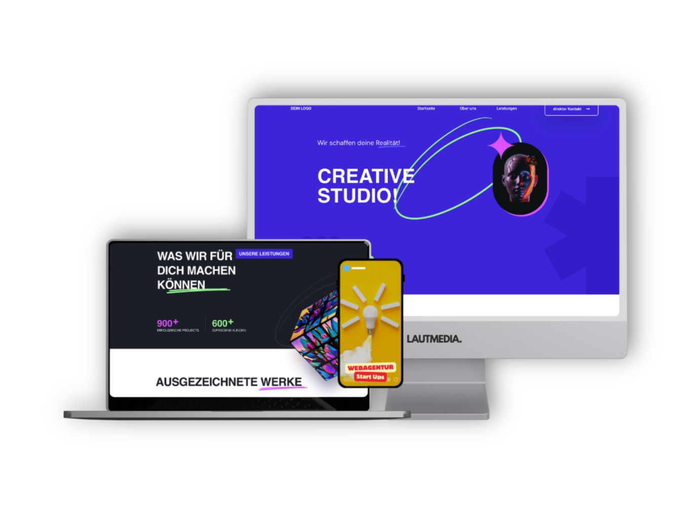Mockup einer modernen Website für Start-ups & Selbstständige auf verschiedenen Geräten – professionelles Webdesign von LAUTMEDIA für kreative Gründer:innen, mit Fokus auf Design, Funktionalität und digitale Sichtbarkeit.