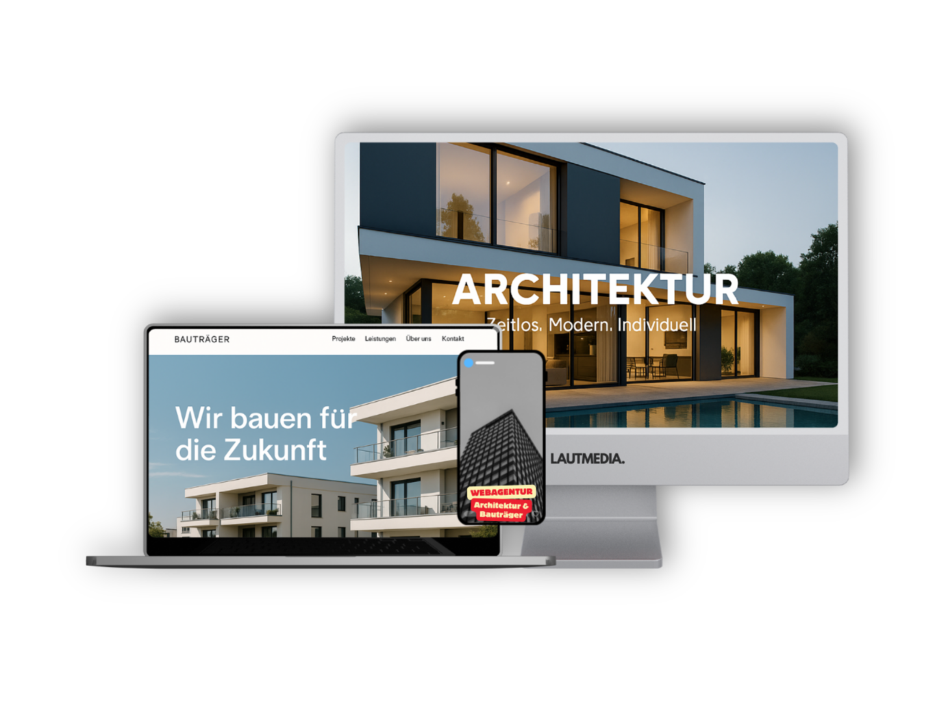 Webdesign-Referenzen für Architekten und Bauträger – Darstellung moderner, mobiloptimierter Webseiten auf Desktop, Laptop und Smartphone mit Fokus auf Architekturpräsentation, Projektvisualisierung und Bauträgerleistungen – realisiert von LAUTMEDIA.