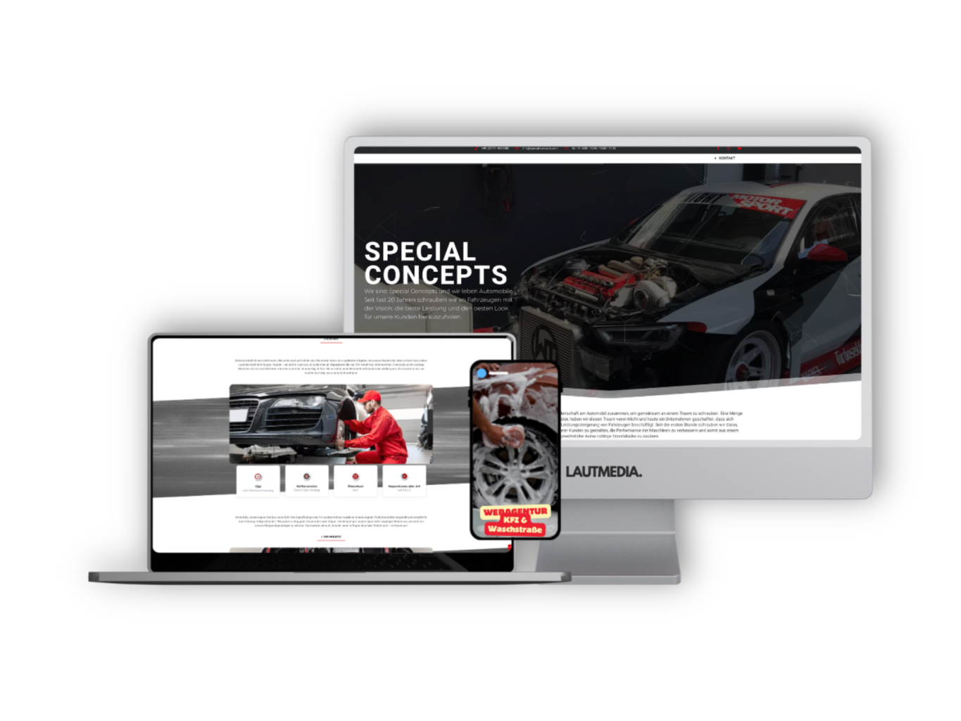 Webdesign-Referenzen für KFZ-Werkstätten und Waschstraßen – Darstellung moderner, mobiloptimierter Websites auf Desktop, Laptop und Smartphone mit Fokus auf Automobilservice, Fahrzeugpflege und Tuning – erstellt von LAUTMEDIA.