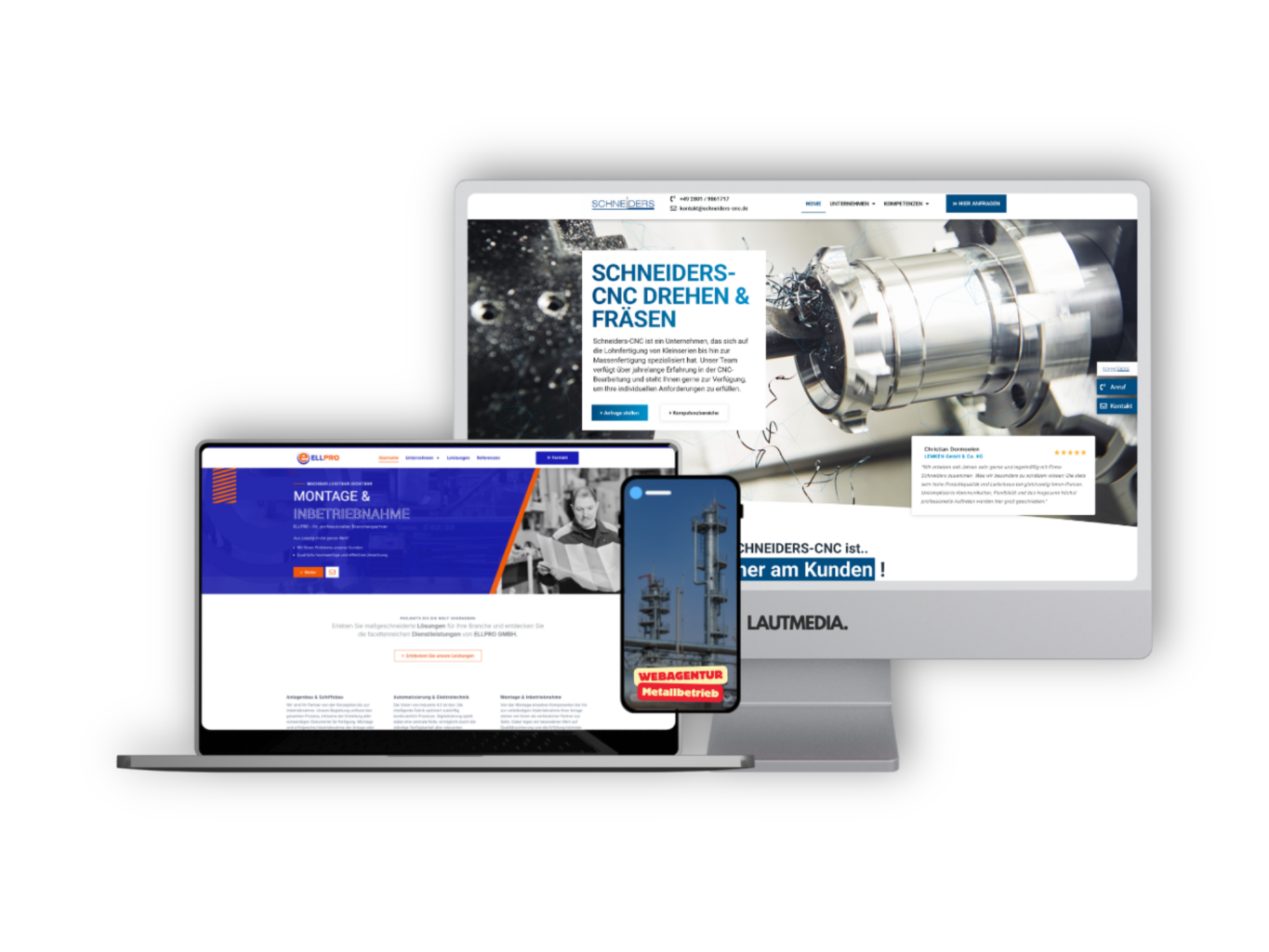 Webdesign-Beispiele für metallverarbeitende Unternehmen: Darstellung professioneller Unternehmenswebseiten auf Desktop, Laptop und Smartphone für CNC-Dreh- und Fräsbetriebe sowie Montage- und Inbetriebnahme-Dienstleister – erstellt von LAUTMEDIA.