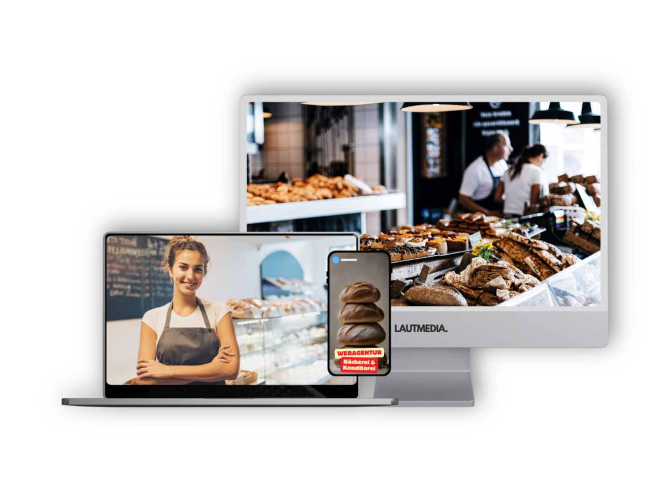 Mockup mit responsivem Webdesign für Bäckereien & Konditoreien – dargestellt auf Smartphone, Laptop und Desktop mit LAUTMEDIA-Branding. Zu sehen sind eine Bäckereifachverkäuferin, eine Auslage mit frischen Broten und das Label ‚Webagentur für Bäckerei & Konditorei‘ auf dem Handybildschirm.