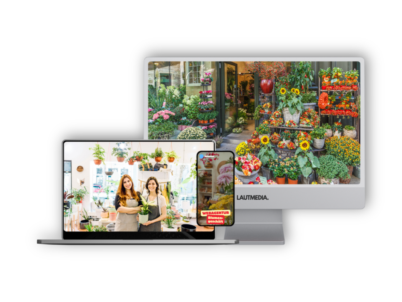 Mockup eines modernen Webdesigns für ein Blumengeschäft, dargestellt auf Laptop, Smartphone und Desktop. Auf dem Bildschirm des Desktop-PCs ist die farbenfrohe Außenansicht eines Blumenladens mit üppiger Pflanzen- und Blumendekoration zu sehen. Der Laptop zeigt zwei lächelnde Floristinnen im stilvoll eingerichteten Innenbereich des Geschäfts. Auf dem Smartphone ist ein Webseitenausschnitt mit dem Text "Webagentur Blumengeschäft" sichtbar. Die Darstellung vermittelt Professionalität, Freundlichkeit und digitale Sichtbarkeit für stationäre Blumenläden.