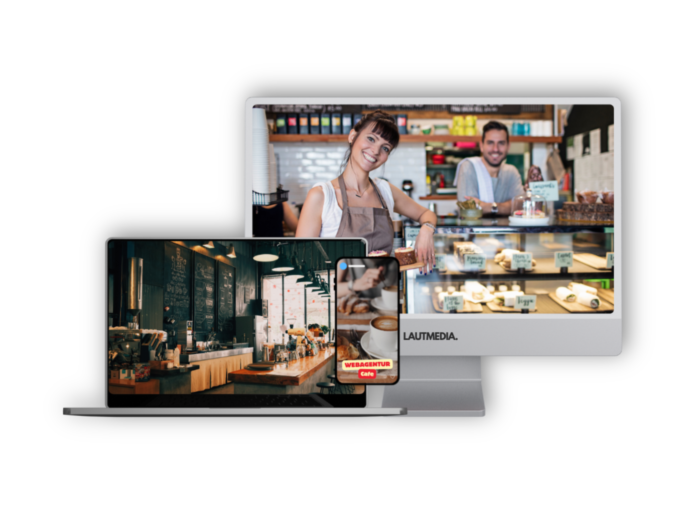 Mockup einer modernen Website für ein Café, dargestellt auf Laptop, Smartphone und Desktop-PC. Im Vordergrund freundliches Barista-Team hinter der Kuchentheke, im Hintergrund stilvoll eingerichtetes Café mit Tafelmenü und gemütlicher Atmosphäre. Darstellung durch die Webagentur LAUTMEDIA.
