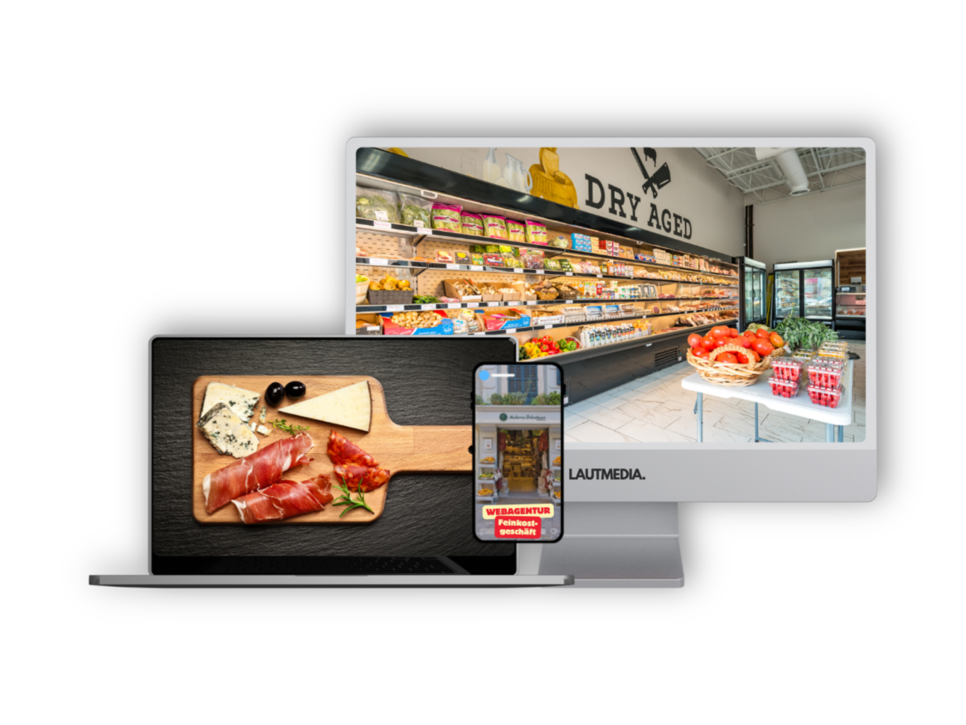 Mockup einer modernen Website für ein Feinkostgeschäft, dargestellt auf Laptop, Smartphone und Desktop. Auf dem Laptop ein Bild mit italienischen Delikatessen (Schinken, Käse, Oliven), auf dem Smartphone eine Startseite mit dem Text „Webagentur Feinkostgeschäft“, im Hintergrund ein hochwertig gestalteter Feinkostladen mit Trockenfleisch-, Käse- und Obstregalen. Branding: LAUTMEDIA – Webagentur für den Einzelhandel.