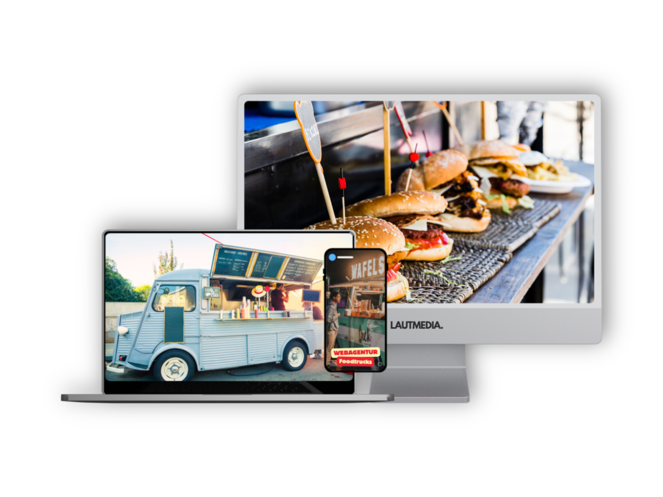Mockup moderner Endgeräte mit Fokus auf Foodtruck-Marketing: Auf einem Desktop-Bildschirm sind mehrere frisch zubereitete Burger und Pommes an einem Streetfood-Stand zu sehen, auf einem Laptop ein nostalgischer, silberfarbener Foodtruck mit geöffneter Verkaufsklappe, auf einem Smartphone die mobile Ansicht einer Webseite mit dem Titel „WEBAGENTUR Foodtrucks“. Branding „LAUTMEDIA“ am Monitor – Darstellung für professionelles Webdesign im mobilen Gastronomiebereich.