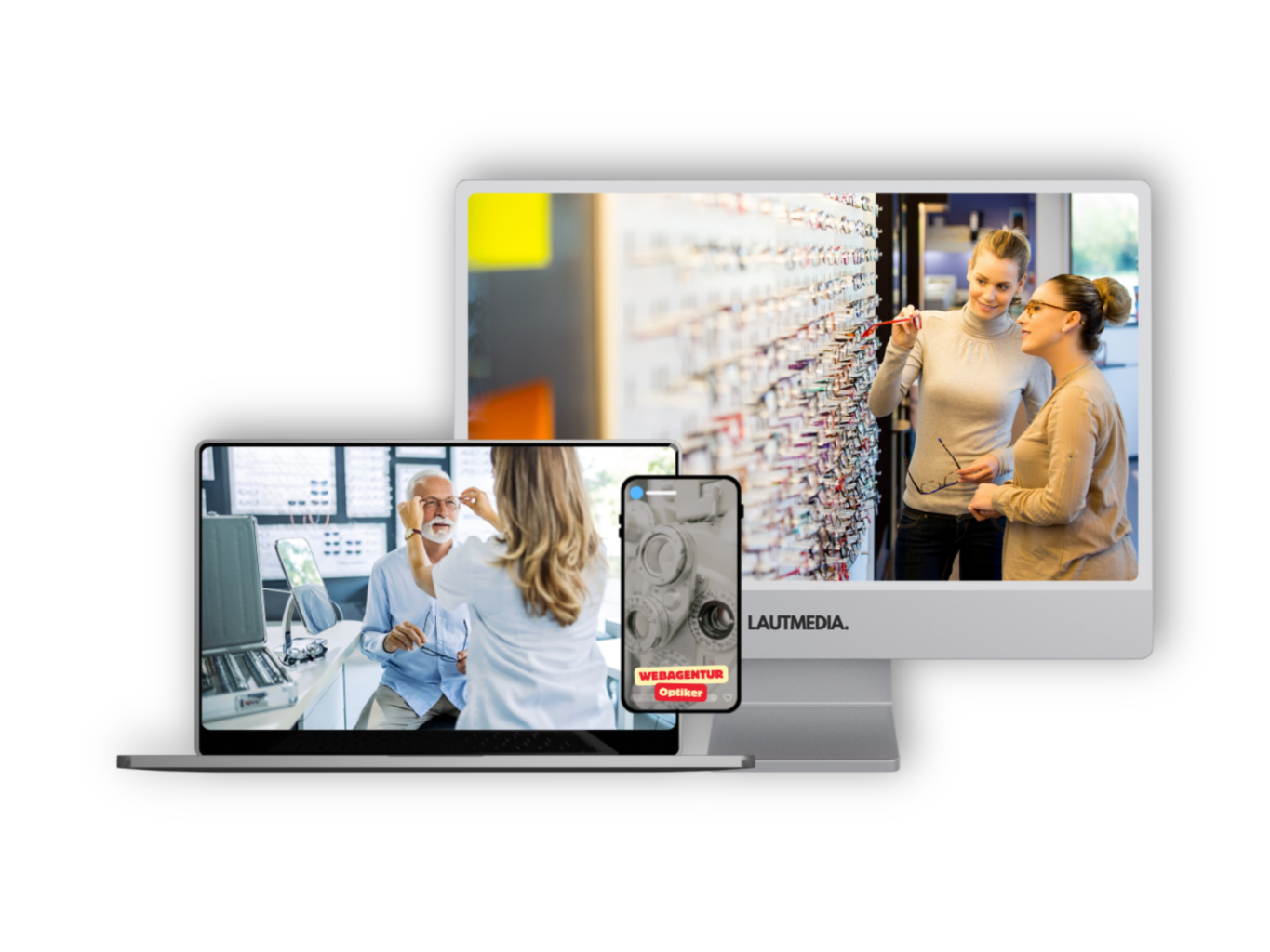 Darstellung eines modernen Webdesign-Mockups für Optiker: Auf einem Desktop, Laptop und Smartphone sind stilvolle Webseiten für ein Optikergeschäft zu sehen. Im Hintergrund beraten Optikerinnen eine Kundin vor einem Brillenregal, im Vordergrund wird eine Sehanalyse durchgeführt. Branding: LAUTMEDIA – Webagentur für Optiker.