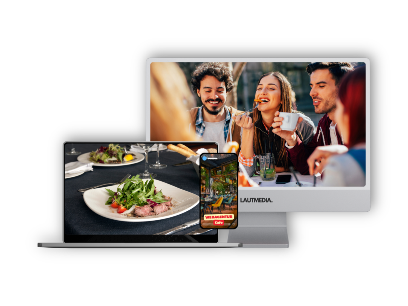 Mockup verschiedener Endgeräte mit Restaurantbezug: Auf einem Desktop-Bildschirm ist eine fröhliche Gruppe beim Essen im Außenbereich zu sehen, auf einem Laptop ein angerichtetes Gourmetgericht auf weißem Teller, und auf einem Smartphone eine stilvolle Café-Innenansicht mit dem Schriftzug „WEBAGENTUR Café“. Branding „LAUTMEDIA“ sichtbar am Monitor – Darstellung für modernes Webdesign in der Gastronomie.