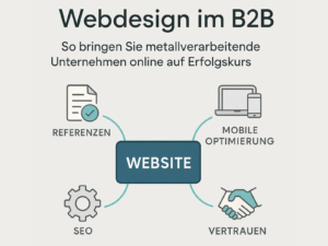 Beitragsgrafik zum Blog „Webdesign im B2B: So bringen Sie metallverarbeitende Unternehmen online auf Erfolgskurs“. Darstellung einer zentralen „Website“, die mit Symbolen für „Referenzen“, „Mobile Optimierung“, „SEO“ und „Vertrauen“ verbunden ist.