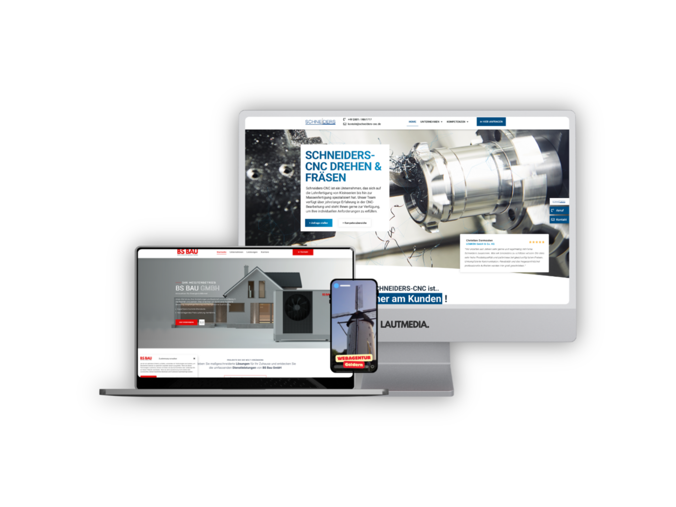 Webdesign Geldern – Moderne Webseiten von LAUTMEDIA für regionale Unternehmen wie Schneiders-CNC und BS Bau GmbH. Darstellung von responsivem Design auf PC, Laptop und Smartphone.