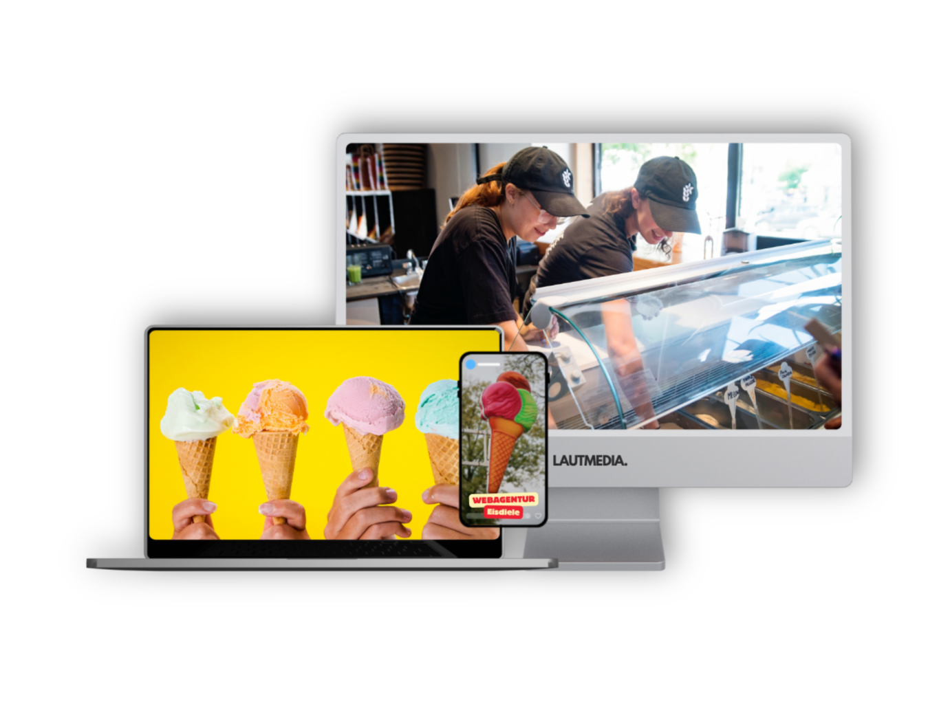 Webdesign für Eisdielen – LAUTMEDIA erstellt moderne Websites für Cafés und Eisdielen, dargestellt auf Laptop, Smartphone und Monitor mit Bildern von Eiskugeln und Eisverkauf.