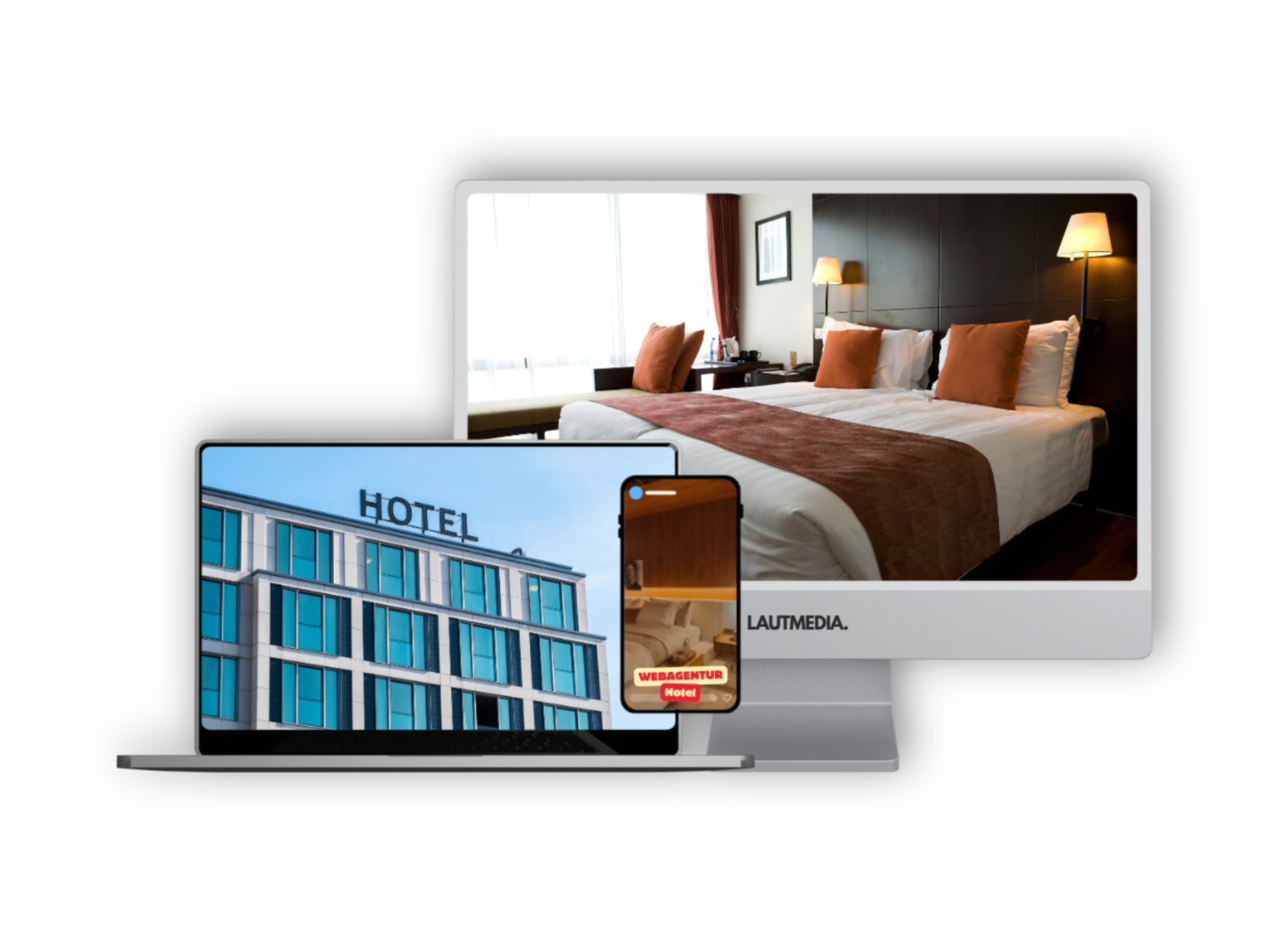 Modernes Hotel-Webdesign von LAUTMEDIA – Darstellung einer Hotelwebsite auf Laptop, Smartphone und Desktop. Zu sehen sind ein modernes Hotelgebäude, ein stilvoll eingerichtetes Hotelzimmer und die digitale Präsentation auf verschiedenen Geräten. Perfekt für Hotels, die online professionell, einladend und mobiloptimiert sichtbar sein möchten.
