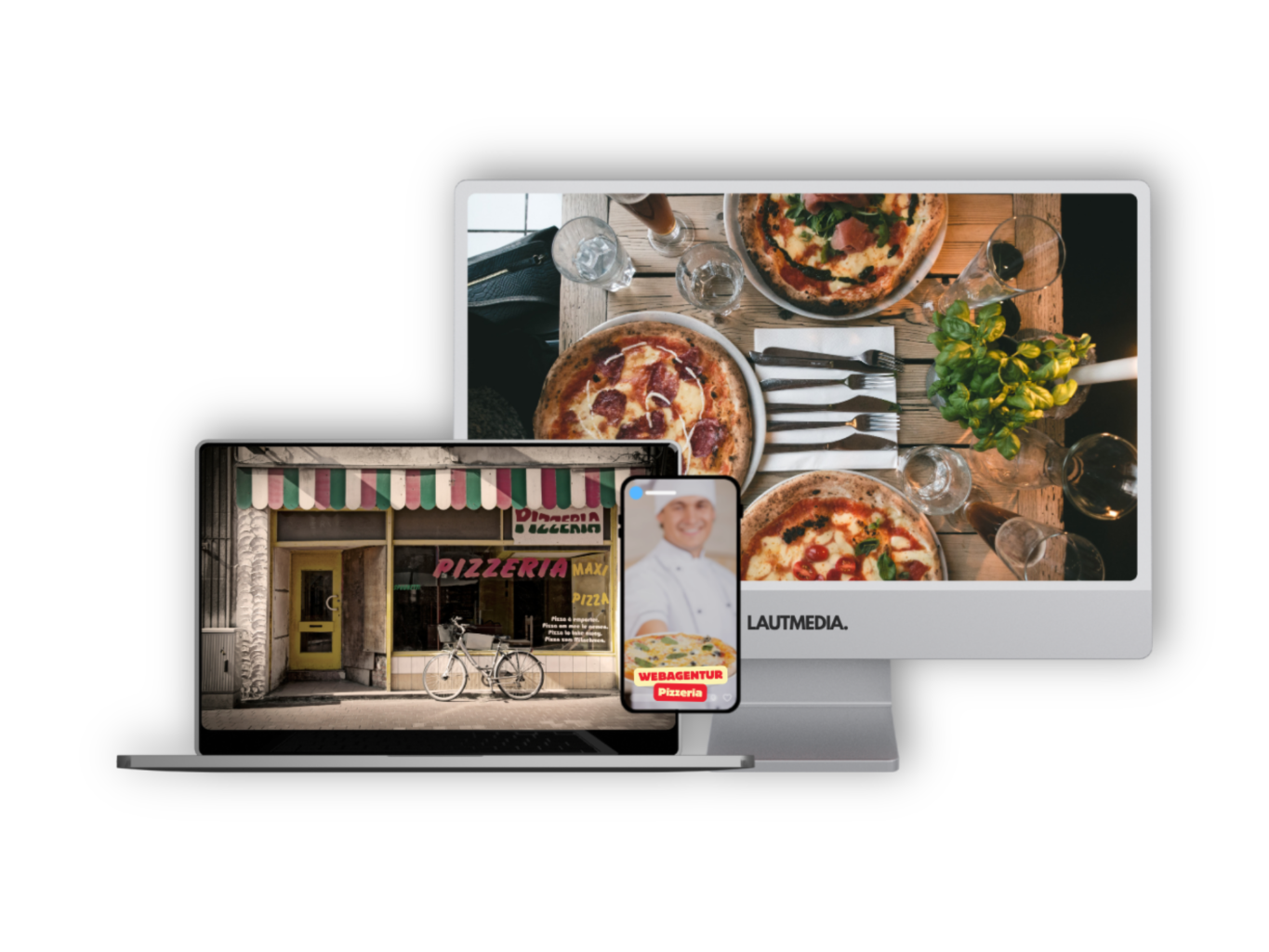 Webdesign für Pizzerien von LAUTMEDIA – moderne Websites für italienische Restaurants, Pizzerien und Lieferdienste, präsentiert auf Laptop, Smartphone und Desktop-Monitor mit authentischen Pizzabildern und italienischem Flair.