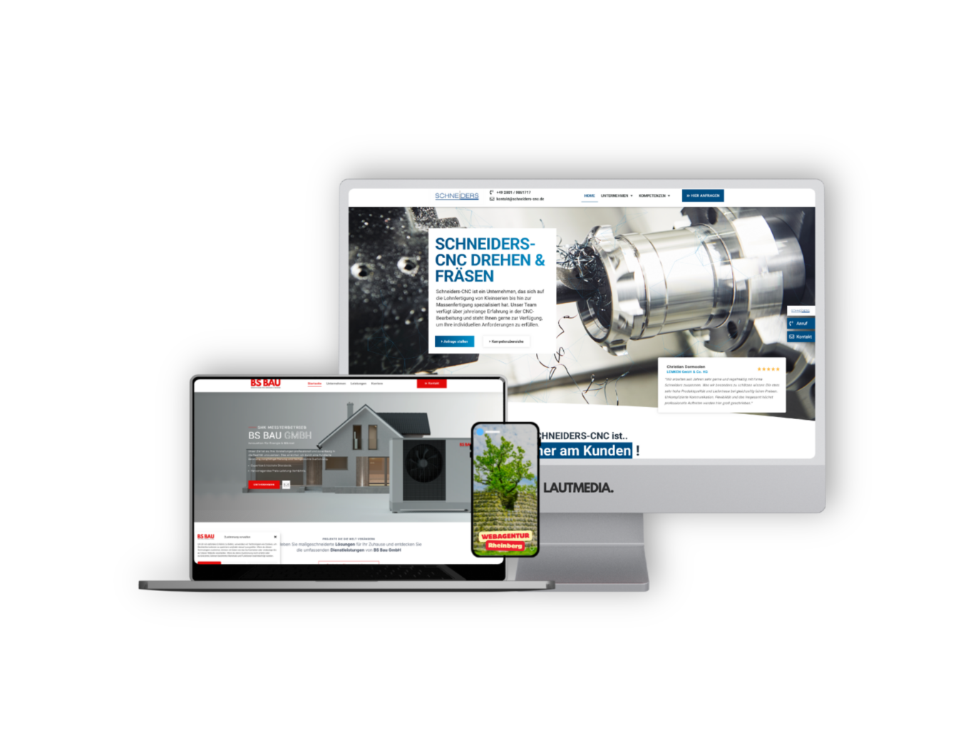 Webdesign Rheinberg – moderne Referenzen von LAUTMEDIA. Darstellung professioneller Webseiten für Unternehmen aus Rheinberg, darunter ein CNC-Technikbetrieb und ein Bauunternehmen. Das Mockup zeigt die responsive Darstellung auf Desktop, Laptop und Smartphone und steht für suchmaschinenoptimierte, mobilfreundliche Webdesign-Lösungen von LAUTMEDIA.